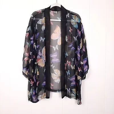 Cocoon House Womens OS Silk Sheer Butterfly Short Sleeve Kimono Fairycore Black • $59