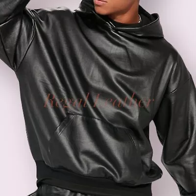 Men's Hot Leather Premuim Leather Hood Genuine Black Lambskin Leather Hoodie • $110