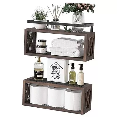  Floating Wood Shelves With Guardrail Wall Mounted 2 Shelves Rustic Brown • $44.78