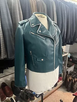 Custom Green Faux Leather Moto Jacket White Piping Size Large • $125