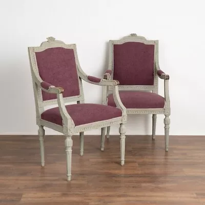 Pair Antique Gray Painted Gustavian Arm Chairs Sweden Circa 1880 • $2600