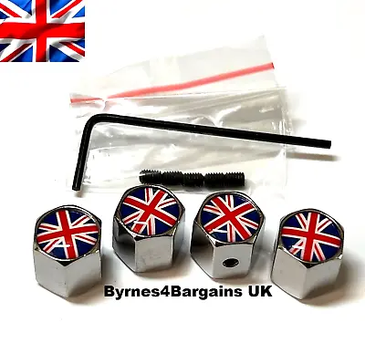 Tyre Valve Dust Caps Locking Chrome Union Jack Bike Car UK Seller • £4.25