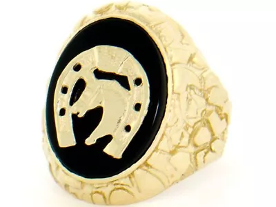 10k Or 14k Gold Nugget Onyx Lucky Horseshoe Large Mens Ring • $419.99