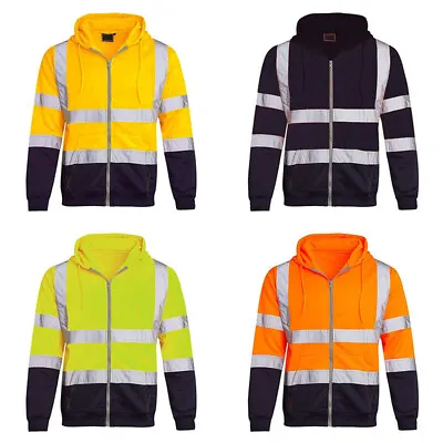 High Visibility Jacket Coat Safety Work Hoody Reflective Sweatshirt Zip Hooded • $23.66