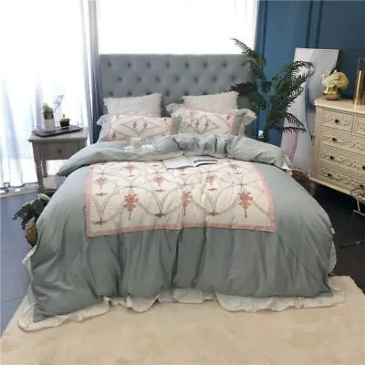 Embroidery Duvet Cover  Egyptian Cotton Queen King Bedding Set Flat Bed Sheet • £250.11