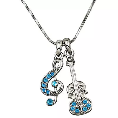 Music Treble G Clef Note Violin Pendant Necklace Blue Crystals Fast Shipping • $12.95