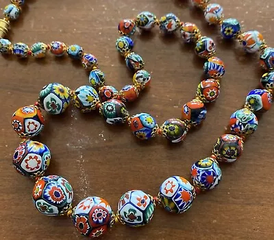 Venetian Murano Millefiori Glass Graduated Bead Necklace 26” • $129.95