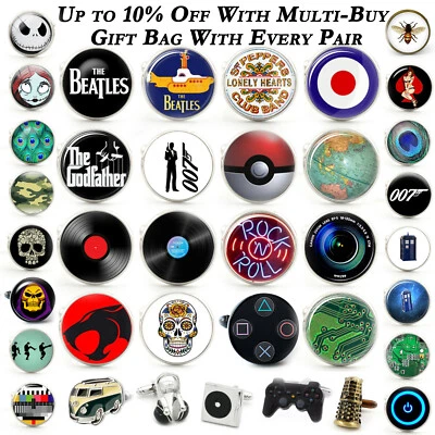 £3.99 • Buy Novelty Cufflinks Movie Film Gaming Music Fun Hobby TV Glass Wedding + Gift Bag