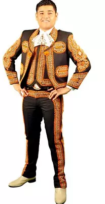 Men's 3Pc Customize Brown Cotton Golden Embroidered Mariachi Suit Wedding Outfit • $1185.06