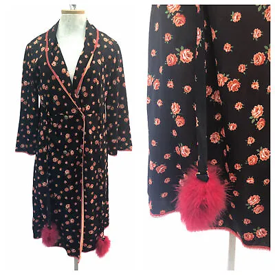 Vintage VTG 1970s 70s Black Floral Robe Dress With Marabou Feather Ties • $72