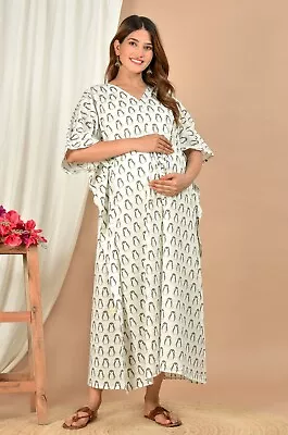Hand Block Print Cotton Kaftan Maternity Dress Beach Cover For Nursing Wear • $99.99