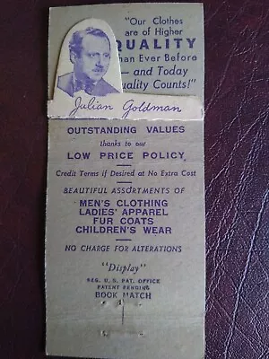 Julian Goldman Clothing Quincy Illinois IL Display Matchbook Cover Pop-up • $14.95