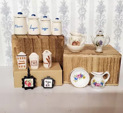 Dollhouse Miniature Lot Of Kitchen Canisters & Porcelain Pitchers Scale 1/12 • $15