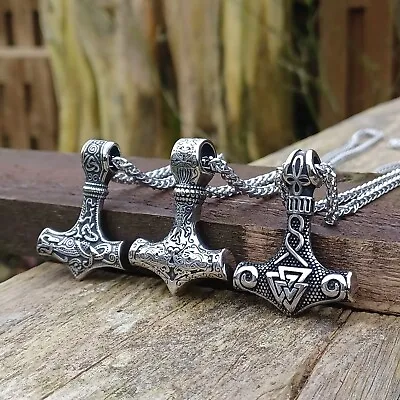 Thor's Hammer Viking Pendant Stainless Steel Mjolnir Norse Celtic Men's Necklace • £4.99