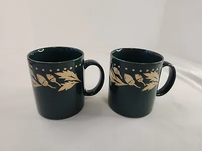 LL Bean Mugs Coffee Tea Green Acorn Oak Leaf Pattern Made In Japan Set Of 2 Mugs • $12.74