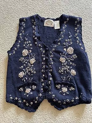Vtg Erika Blue Floral Button Embroidered Cardigan Sleeveless Sweater Vest Sz Med • $16