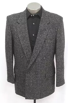 Vintage Black Plaid TWEED Double Breasted Blazer Jacket Sport Suit Coat 44 S • $59.99
