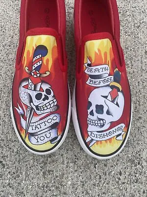 ED HARDY No Lace Tattoo You SKULL FIRE Sneakers Womens Sz 8 BRAND NEW ❤️blt11j5 • $75