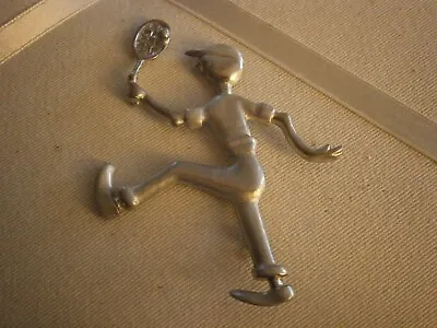 Vintage Male Tennis Player Brooch With Racquet 1950's Clothing Pewter? Whimsical • $14.99