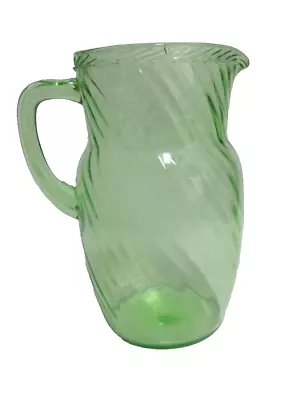 VTG Green Uranium Glass Pitcher Water Pitcher Jug Depression Glass 8 In Swirl • $24.88