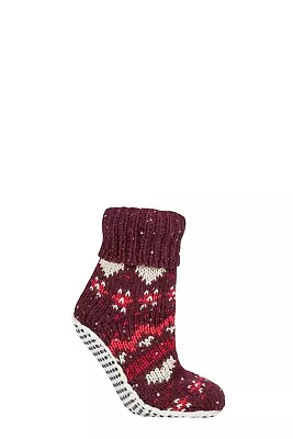 £13.99 • Buy Elle  Ladies Chunky Fair Isle And Stripe Moccasin Grip Slipper Socks 1 Pair Pack