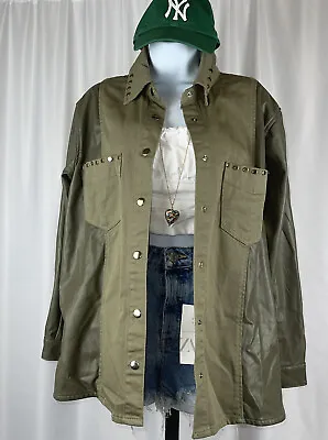 Zara Women's Olive-Green Faux Leather Sleeve Studded Jacket-Shirt Size S NEW. • £17.35