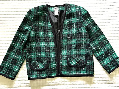 VTG Collarless Boucle Blazer Jacket Wool Blend Plaid Black Green 8 P Lady Chic • $15