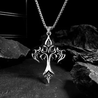 Mens Unisex Gothic Cross Pendant Necklace Punk Rock Biker Jewelry Box Chain • £6.02