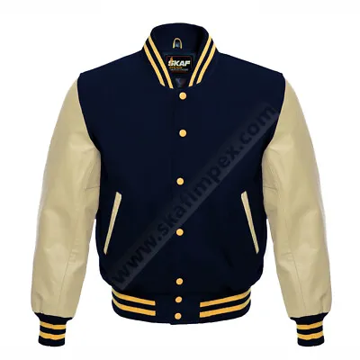 Letterman Jacket For Men Baseball Bomber Varsity Jacket Wool & Leather Navy Blue • $164.99