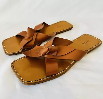 $90 • Buy Staud Leather Lei Bow Slides Sandals Tan  Brown Size 38 USA 7/ 7.5