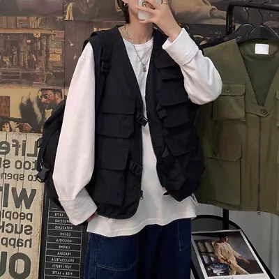 Unisex Men Cargo Vest Multi Pockets Waistcoat Sleeveless Jacket V-neck Gilet • $17.90