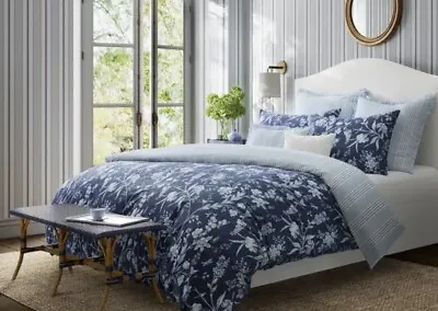 Laura Ashley 7pc Queen Branch Toile 100% Cotton Duvet Cover Bonus Set Navy Blue • $77