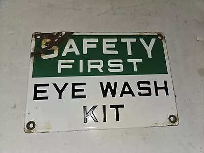 Vintage 60s/70s Safety First Eye Wash Kit Porcelain Enamel SignGreenWhite10x7 • $200