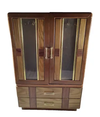 Vintage 3 Tone 2 Drawer 2 Door Wooden Jewelry Box Armoire 16.5” X 11  X 5.25  • $41.99