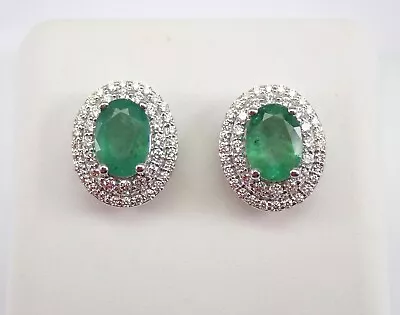 14K White Gold Emerald And Diamond Stud Earrings Double Halo Studs • $1495