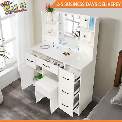 Makeup Vanity Table Set With 10 LED 3 Color Lighted Mirror 5Drawers Dressing • $186