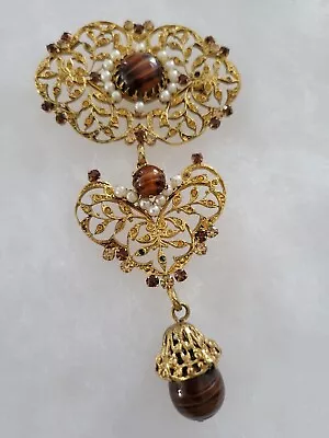 Vintage Large Brown Rhinestone Faux Seed Pearl Brooch Pin 80s • $45