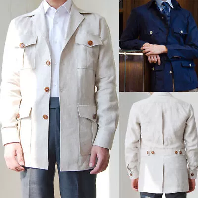 Linen Men Safari Jacket Single Breasted With Belt Summer Wedding Groom Blazer • $55.79