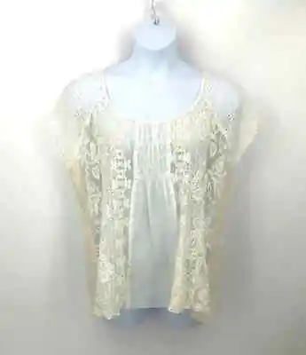 4 LOVE AND LIBERTY (JOHNNY WAS) Beige Mesh Trim Embroidered Sheer Top • $56.99