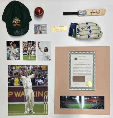 $2490 • Buy SHANE WARNE Signed Baggy Green Cap + Ball + Mini Bat + Glove + Photo FRAMED COA