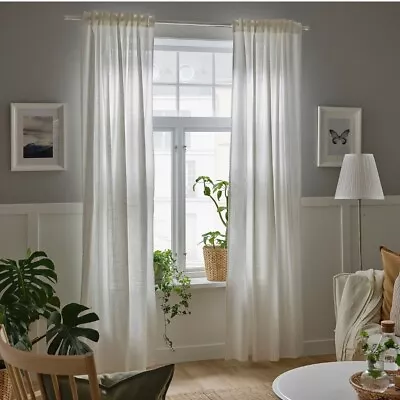 Ikea Silverlonn Pair Of White Cotton Curtains Length 300cm  Width 145cm  • £22.28