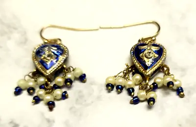 Vintage Meenakari/Kudan Dangle Heart Earrings Blue Enamel & Gold Small Pearls • $9.29