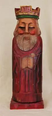 $47 • Buy Carved Wooden Polychrome Wine Bottle Holder Casket Vintage Whimsical King Wood