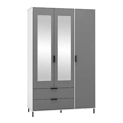 Madrid Grey & White Gloss 3 Door 2 Drawer Mirrored Wardrobe Bedroom Storage • £299.99