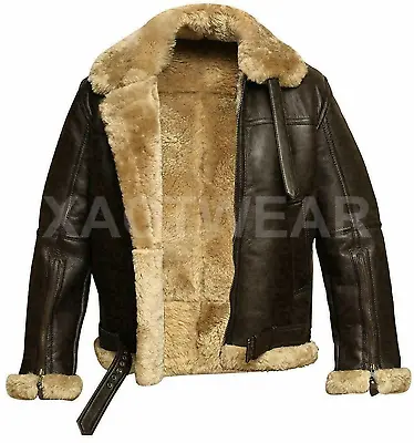 Men RAF B3 Aviator Pilot Bomber Fur Shearling Sheepskin Leather Brown Jacket • $249.99