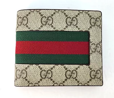 NWT Authentic Gucci Mens Web Beige/ebony GG Supreme Canvas Bi Fold Wallet 408827 • $309