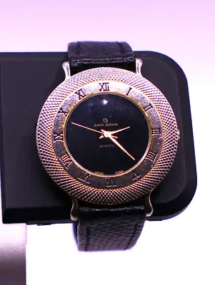 Vintage DAVID JORDAN Quartz Watch Black Dial Leather Band • $15