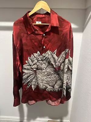 Mens Burgundy Plush Silk Etro Shirt With Graphic Tiger Design! Size Large • $400