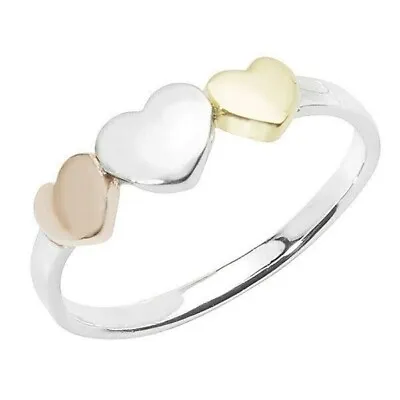 Three Tone Heart Ring Sterling Silver 925 Hallmark Yellow & Rose Gold Size J - R • £23.95