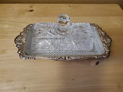 VTG Crystal Clear Covered Butter Dish Cut Pattern W/Lid Metal Underplate • $29.99